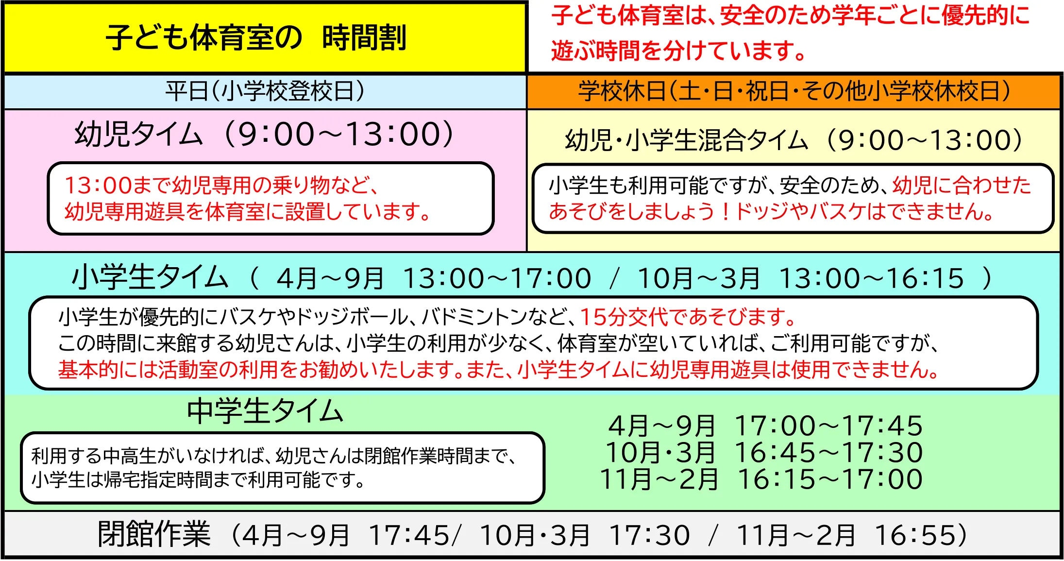 子ども体育室の時間割